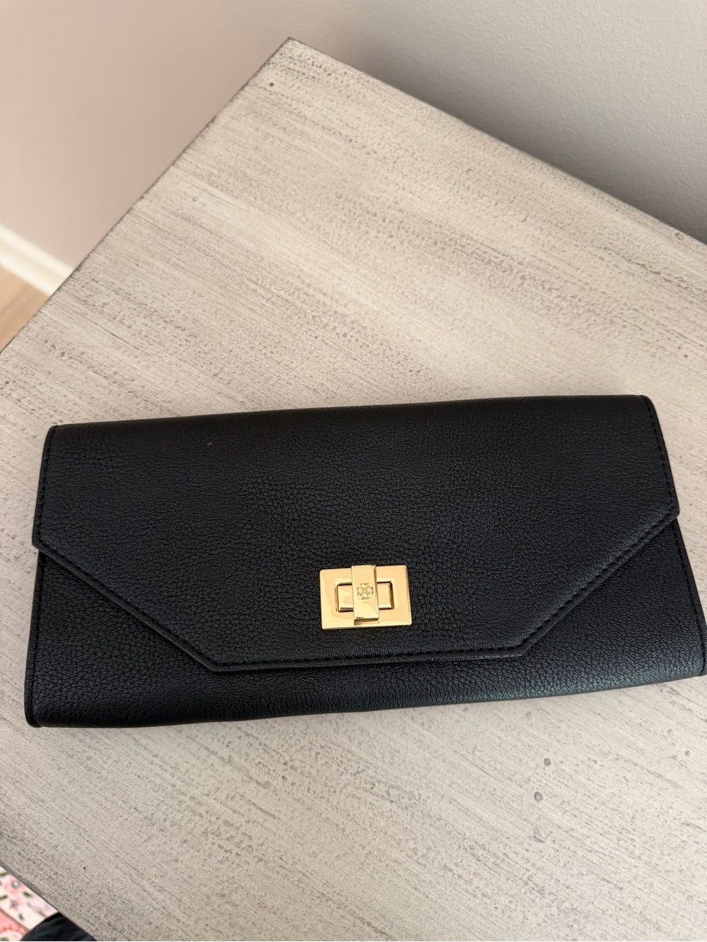 BCBG Black Envelope Clutch with Gold Turn-Lock